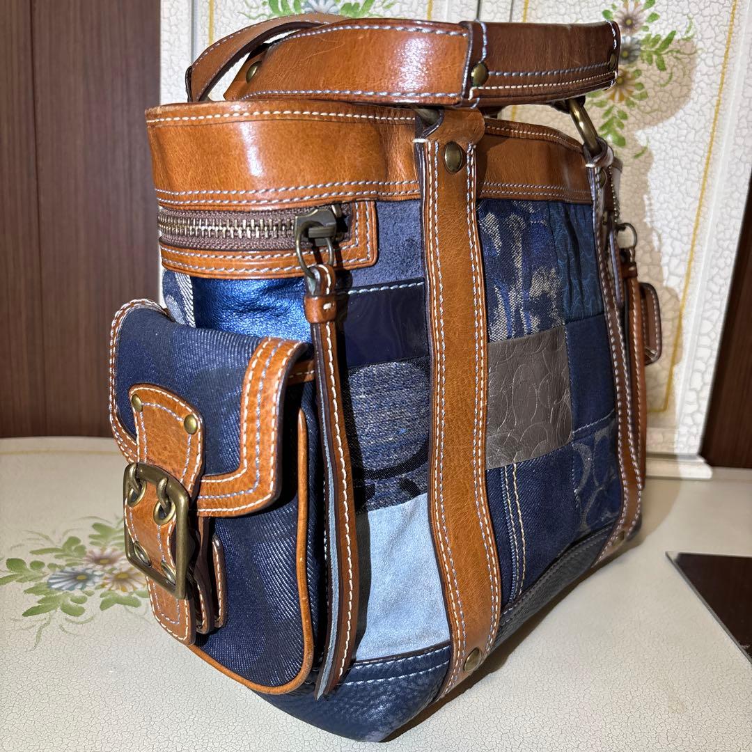 COACH トートバッグ パッチワーク デニム シグネチャー　レザーハンドバック