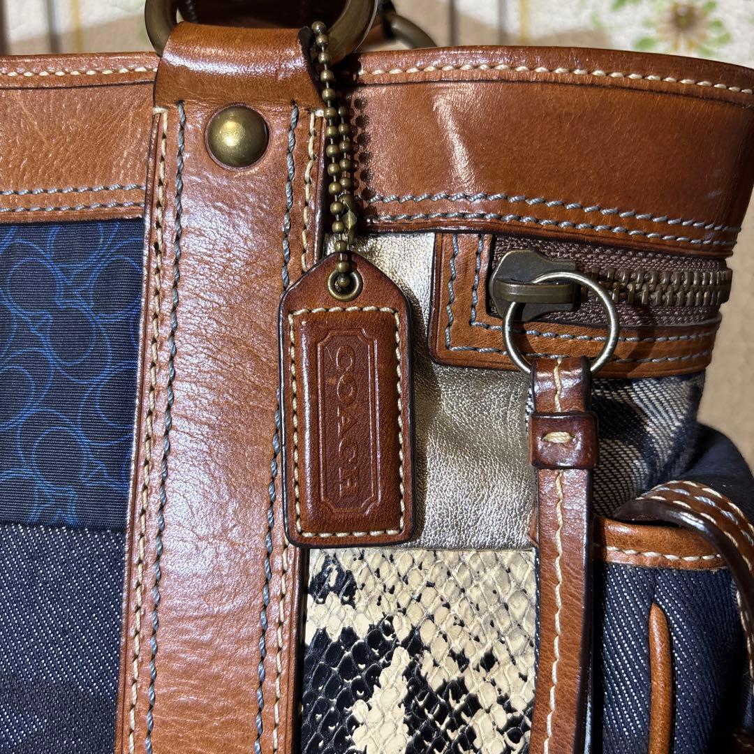 COACH トートバッグ パッチワーク デニム シグネチャー　レザーハンドバック