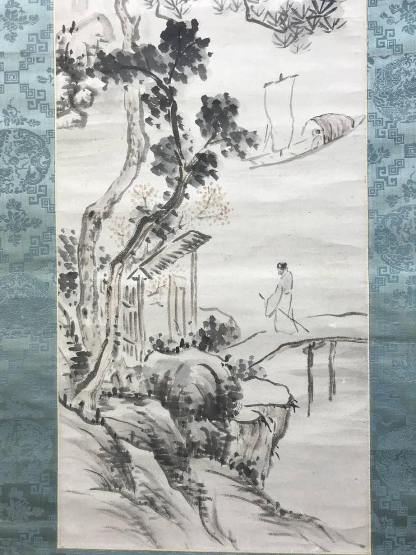 真作/長町竹石/山水人物図/秋江帰帆/山水図/帆船図/掛軸/名家伝来