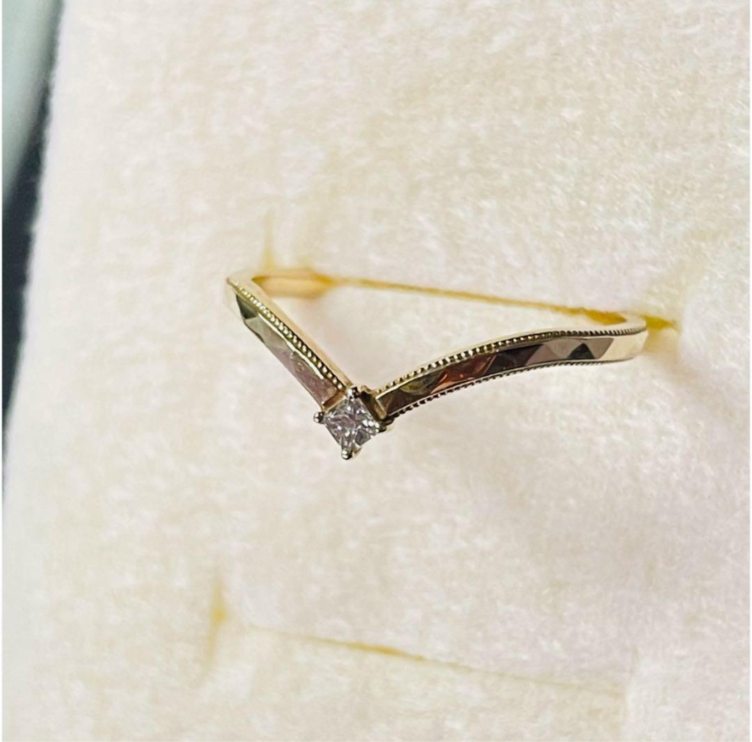 【NOJESS】K10スクエアカットダイヤモンドV字リング/0.05ct