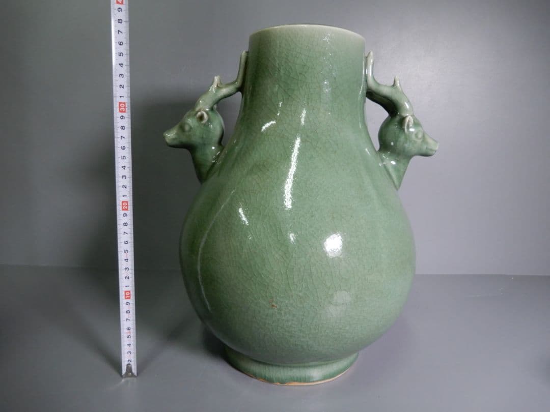 Y2463 時代物 中国 青磁 染付 青花獣双耳瓶 大花瓶 高さ26