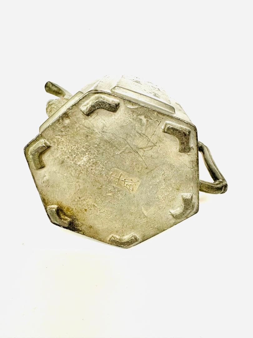 N890茶道具水注錫製約834g六角形茶器獅子彫刻付き