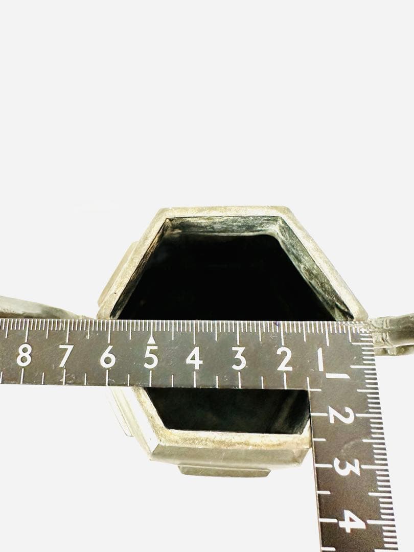 N890茶道具水注錫製約834g六角形茶器獅子彫刻付き