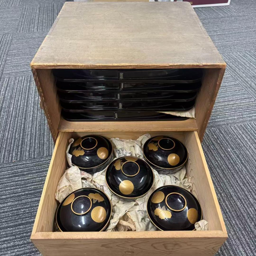 輪島塗　時代物時絵　御会席膳漆器セット　共箱