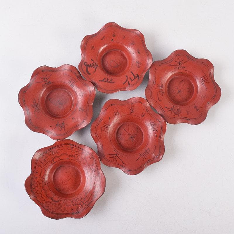 煎茶道具　唐物　朱塗　漢詩蝶文　花形茶托　五客　V　R8888