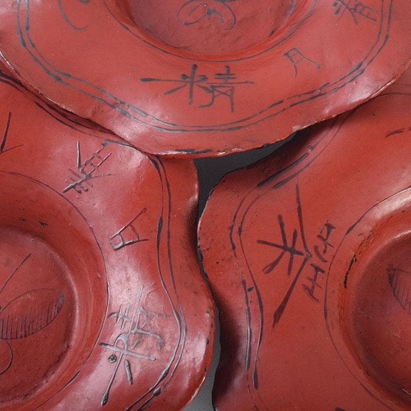 煎茶道具　唐物　朱塗　漢詩蝶文　花形茶托　五客　V　R8888