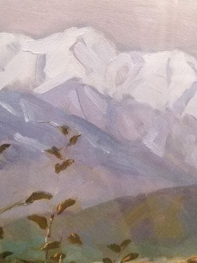 真作油絵 服部保 あずみ野 10号サイズ油絵 サイン裏表あり 額付き