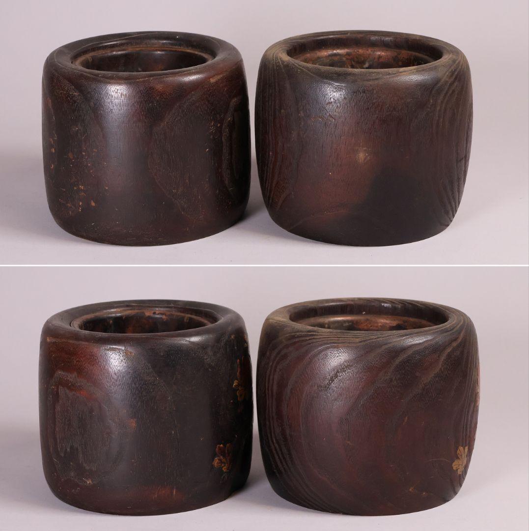 古い 桐火鉢一対 菊蒔絵 小さめ 手あぶり 6.5号 高さ15.3cm【MB30