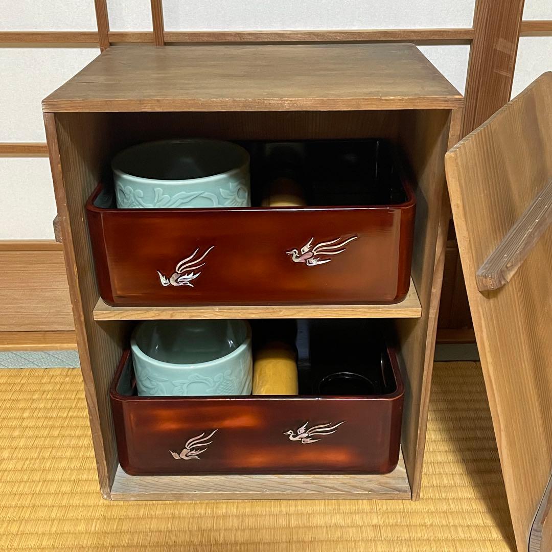 煙草盆 鳳凰 螺鈿 漆塗 タバコ盆 灰吹 昭和アンティーク 盆 青磁火入