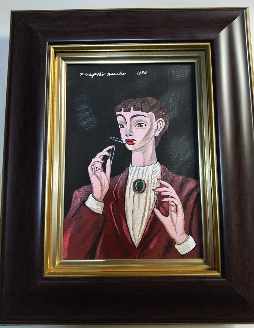 金子國義、絵画、油彩、SM号、ピンオを噛む女、新品額縁、肉筆、鴨居玲、宮永岳彦。