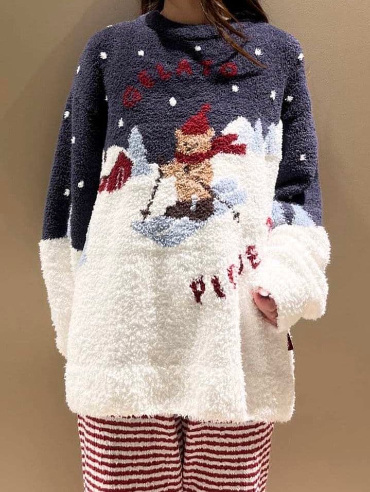 新品 ジェラートピケ【HOLIDAY】スキーベアジャガードプルオーバー　ネイビー