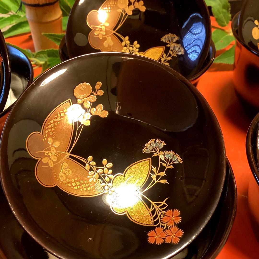 Ａ1019木製輪島塗椀　懐石道具　黒塗　秋草蒔絵　箸洗　小吸い物　　5客