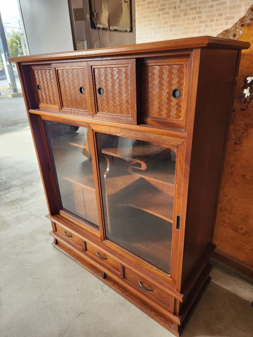 欅 あじろ茶棚 茶箪笥 和風収納棚 ガラス扉付き アンティーク風昭和レトロ