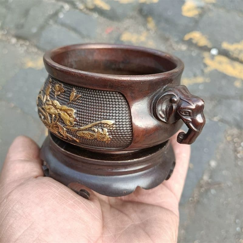 銅器 香炉 象耳彫花香炉 套炉 線香炉 装飾品 工芸品 置物