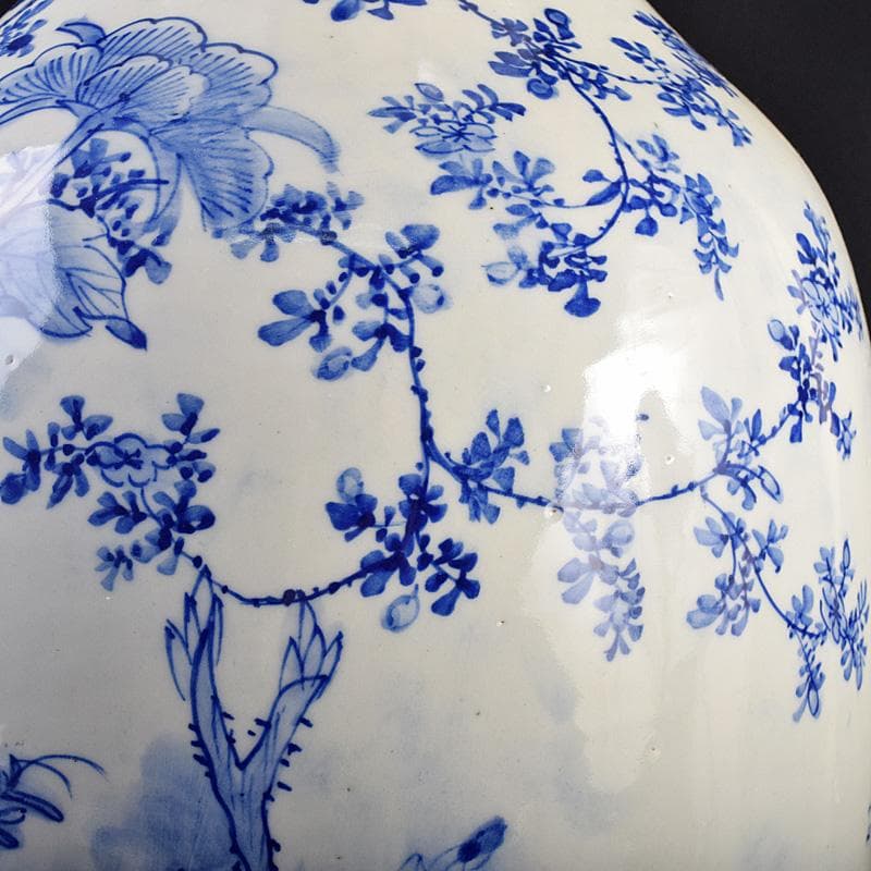 瀬戸焼　古瀬戸　染付　牡丹文　花口大瓶　唐木台・時代箱付　G　R8765B