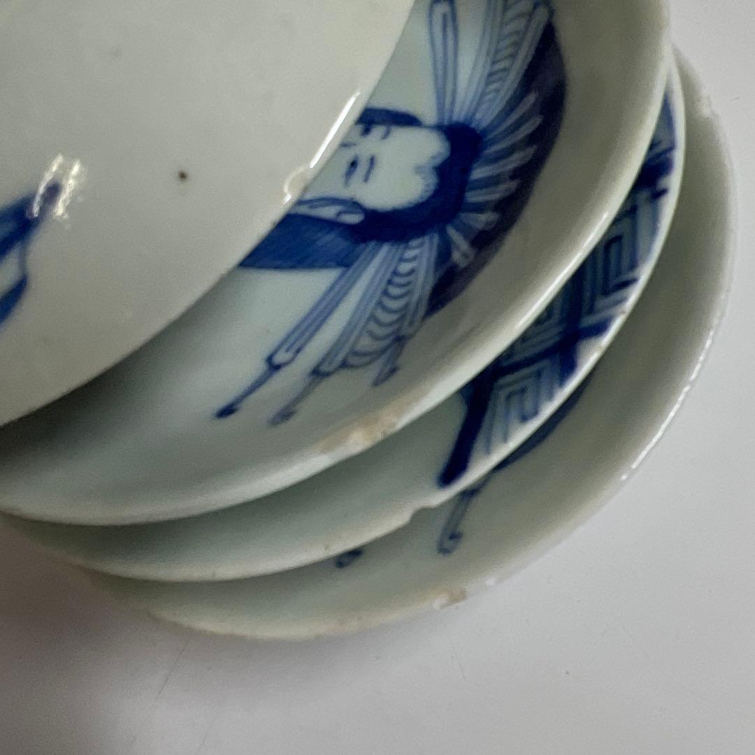 中国清朝時代 青花美人画小皿17枚 木箱 直径約11.5㎝東