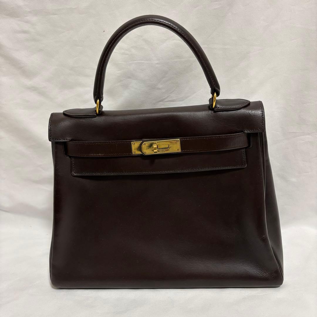 エルメス ケリー28 ルトゥルネ ボックスカーフ ブラウン レザー ハンドバッグ