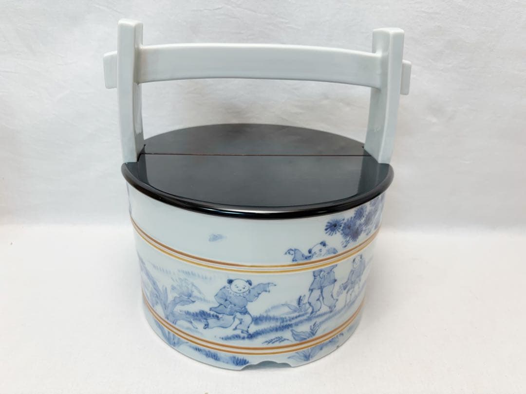 未使用 茶道具 八十翁 石泉作 瀬戸染付 唐子絵 手桶水指