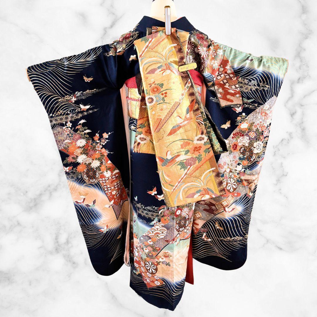 美品 振袖 フルセット 身丈155 正絹 furisode 刺繍衿 ネイビー 紺