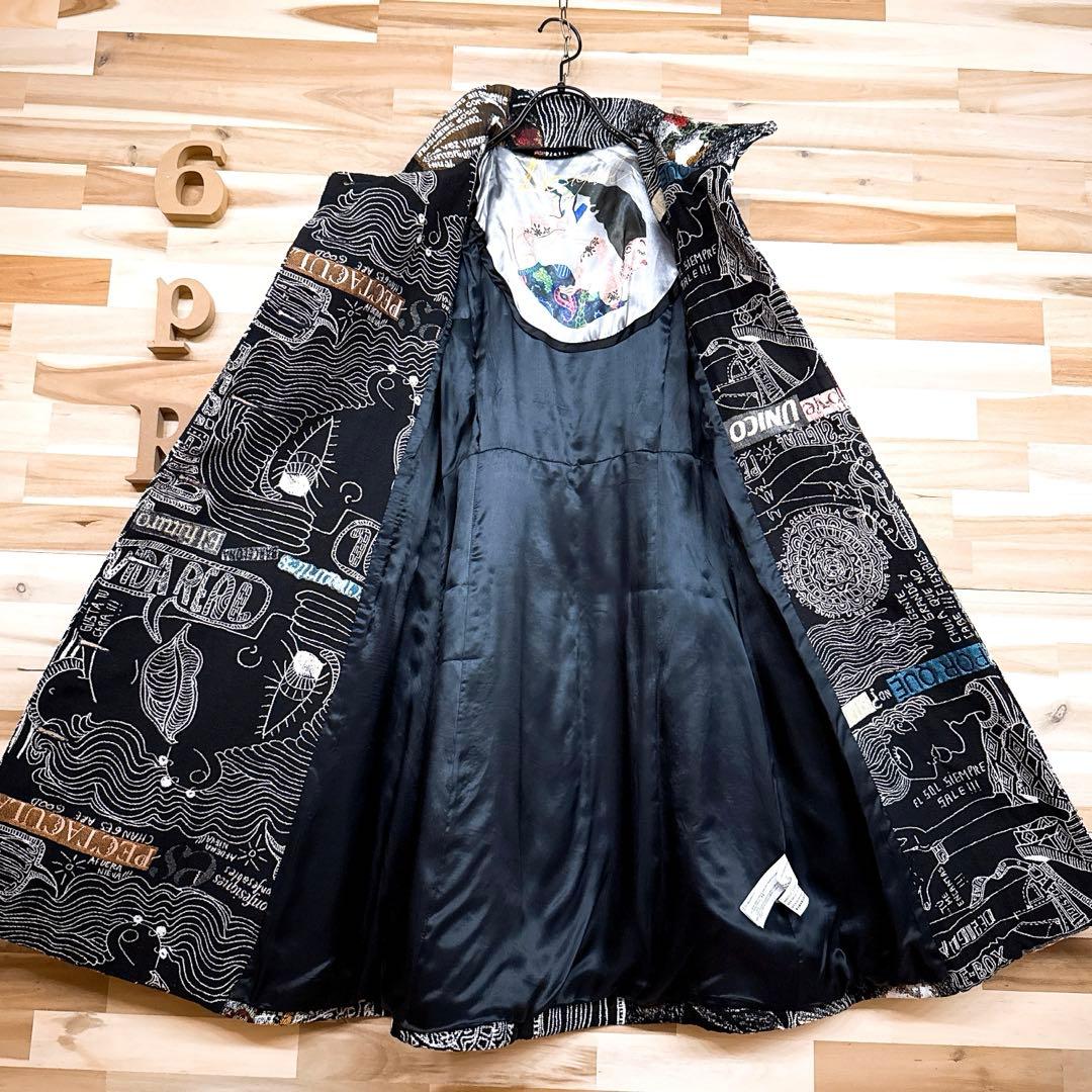 希少【デシグアル】ジャガード織 コート ガール 花柄 英字 鳥 総柄 黒×白