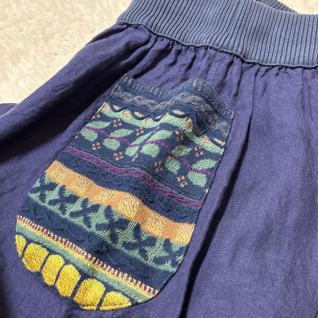 M.&KYOKO リネン　バルーン　サルエルパンツ　ニット柄ポケット　ゴム