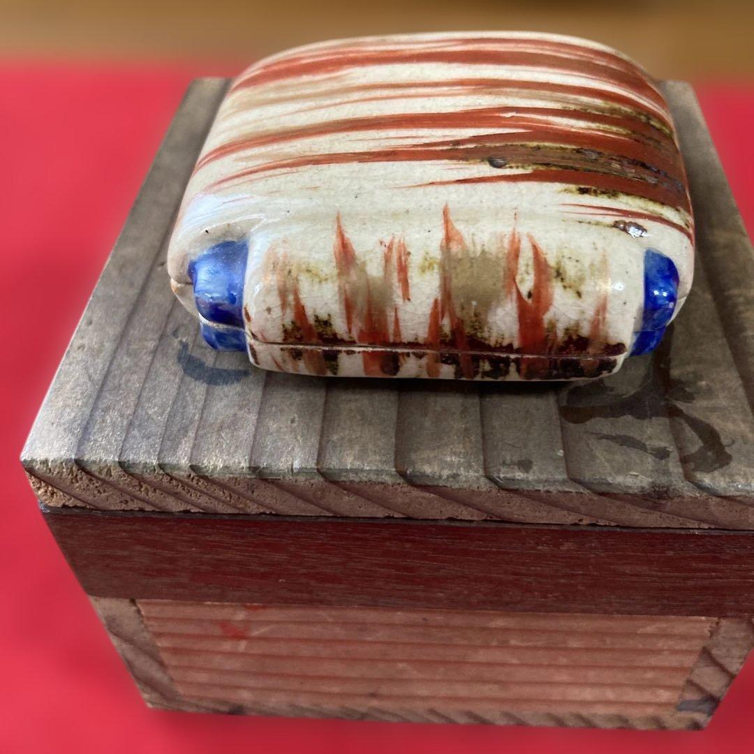 茶道具　赤膚焼　江戸時代　香合　奥田木白造　糸巻香合　共箱　仁清写／ 茶道　利休