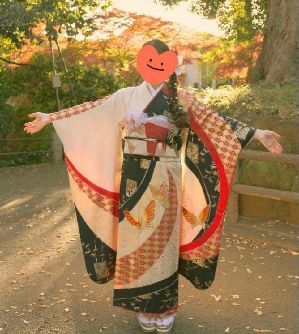 アンティーク振袖㊗️赤黒白 蝶の金駒刺繍 本絞り染め 型染④点セット