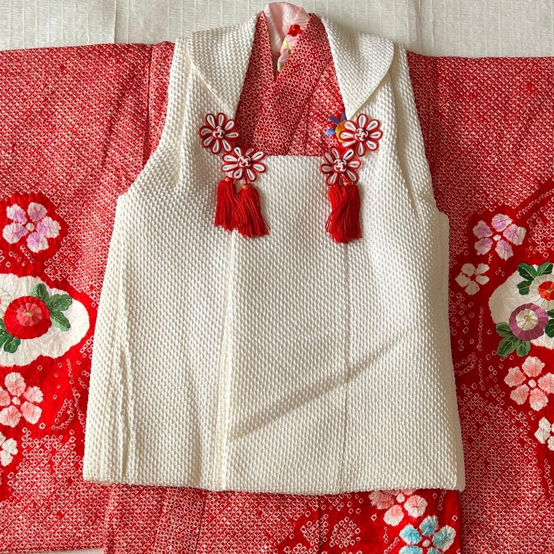 七五三 3歳 総絞り 着物 正絹 被布 三歳 赤 草履 753 金駒刺繍 赤白