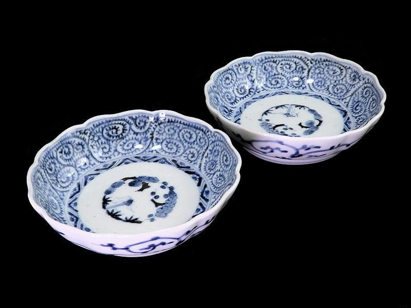 古伊万里　染付　蛸唐草に松竹梅の図　膾皿　２客　江戸期　E913AS-CSy