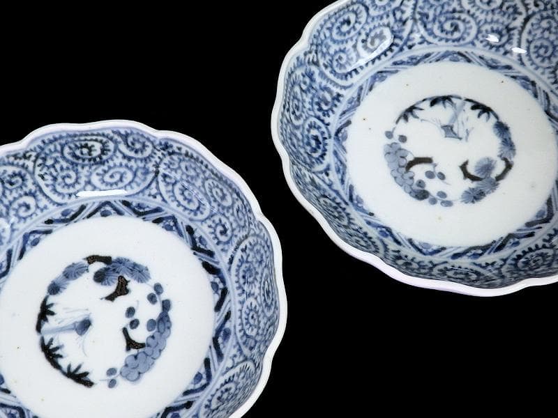 古伊万里　染付　蛸唐草に松竹梅の図　膾皿　２客　江戸期　E913AS-CSy