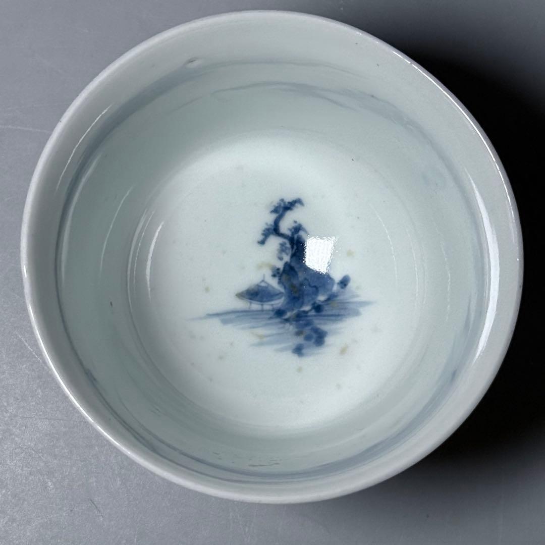 後期鍋島　染付風景画向付　三点　緻密な絵付　汲み出し　湯呑み　幕末〜明治期