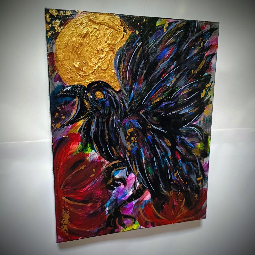 【一点物アート/F0号】八咫烏と月【現代アート/アクリル画/絵画】