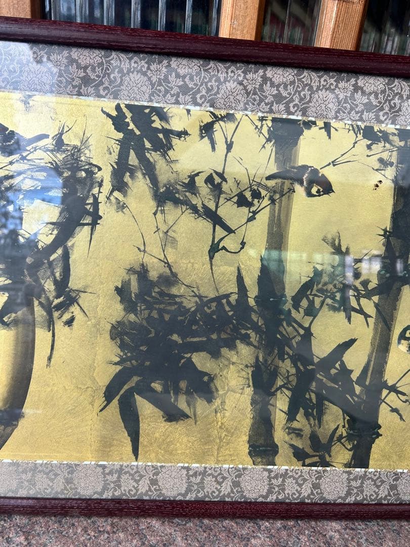 山田青雅 水墨画 扁額　大作　日本画　竹林に雀