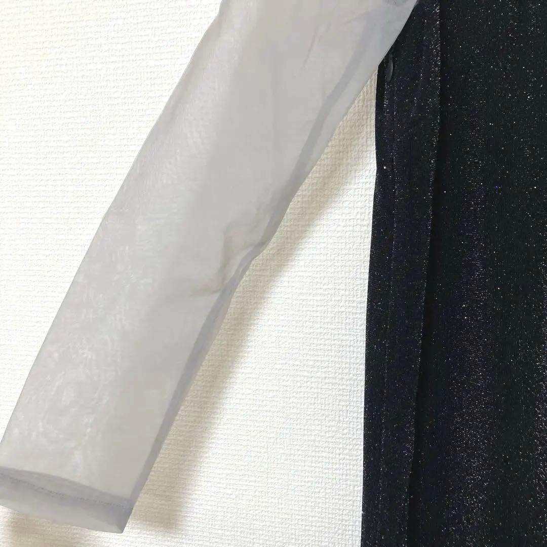 mayu　レジャ　レースネック透け袖スリットキラキラロングドレスワンピース