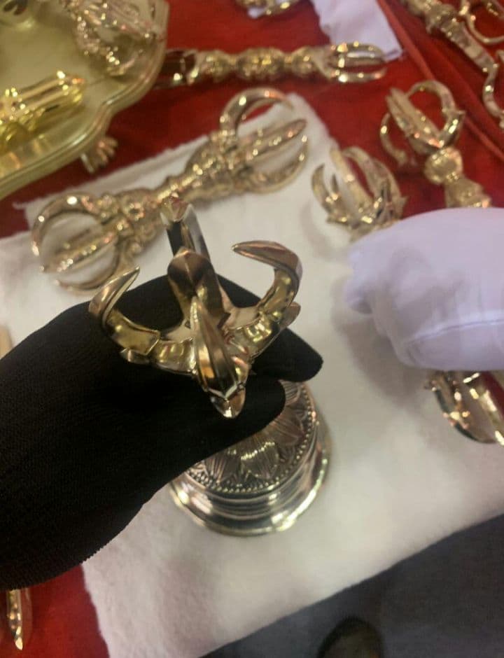 【修縁堂】チベット仏教法器鐘五鈷金剛鈴 真鍮製 密教パワー 密教法具 26cm