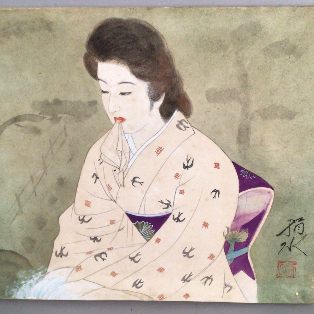No3885額装　在銘　指水　美人画　燕柄着物　肉筆絹本　日本画　絵画 送料無料