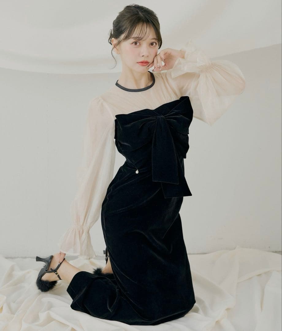 【SALON by Chico】配色シアーリボンベロアワンピース/オケージョン SALON by Chico】配色シアーリボンベロアワンピース/オケージョン