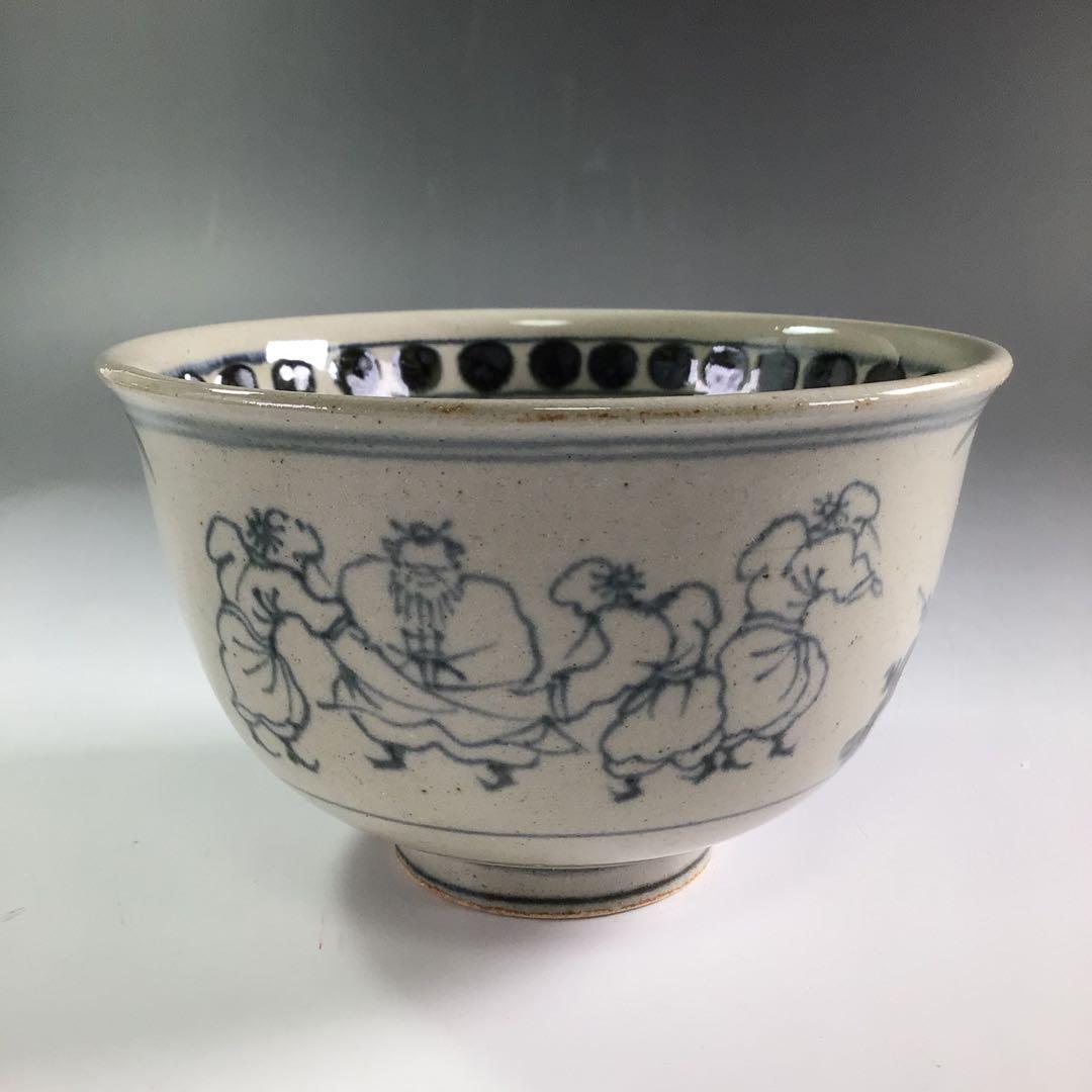 P939 茶碗 『膳所焼』『陽炎園造』『安南写七賢人絵』 抹茶碗 共箱