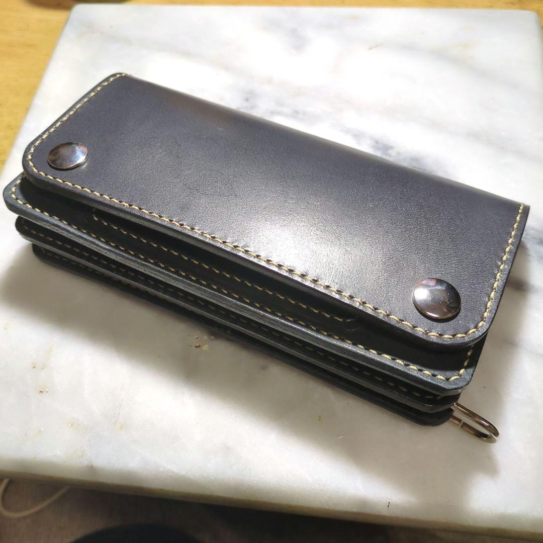 姫路ヌメ革 トラッカーウォレット ハンドメイド 長財布 ロングウォレット 黒
