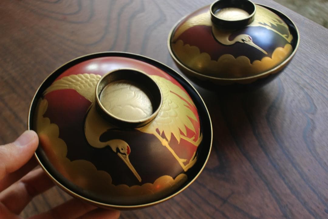 時代逸品！時代金縁黒漆に極上日の出鶴蒔絵の映えるお椀2点（検輪島塗蒔絵椀雑煮椀