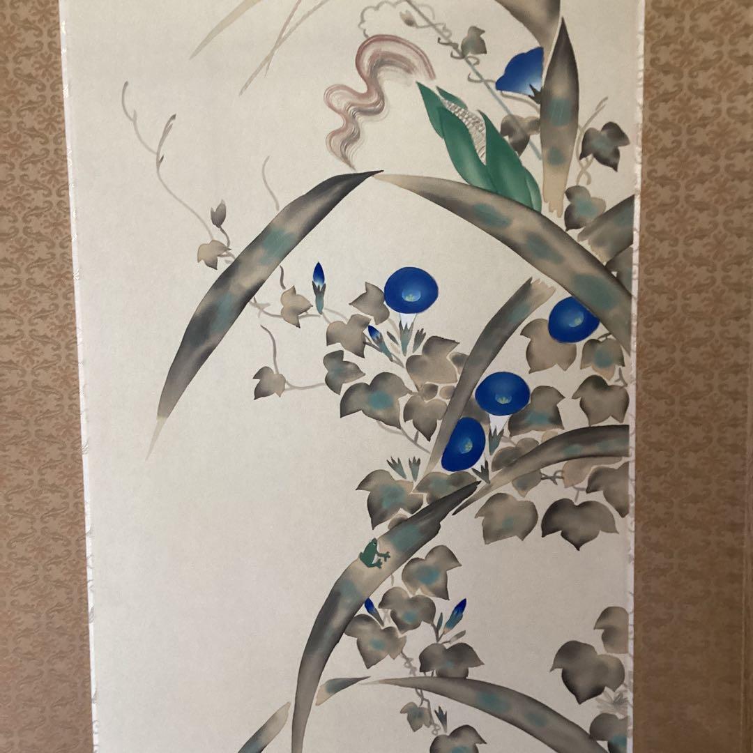 池田桂月筆　酒井抱一写　【　7月 玉蜀黍朝顔に青蛙図　】絹本掛軸一幅　　457