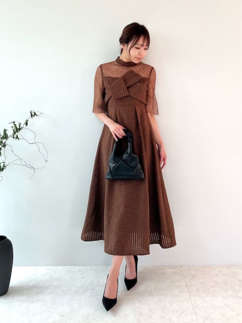 LEJA ビスチェ風切り替えプチハイネック花柄シアーレースワッフル