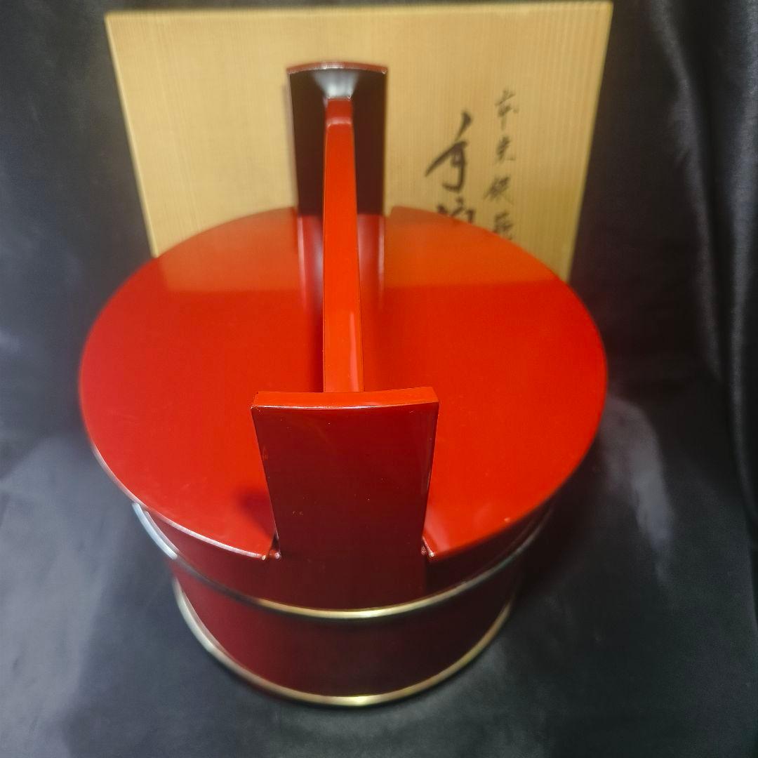 茶道具 塗師川瀬表完(作)本朱手桶水指 銀箍入 共箱 輪島塗 時代物 旧家