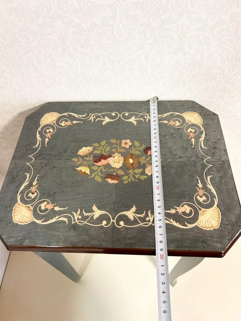 状態良好】サイドテーブル オルゴール内蔵 猫脚 花柄インレイ 木製