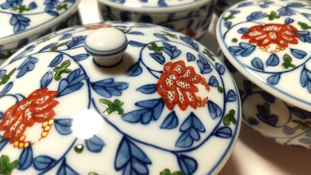 2072 源右衛門窯 染錦椿絵 皿5客 湯呑5客 2072 源右衛門窯