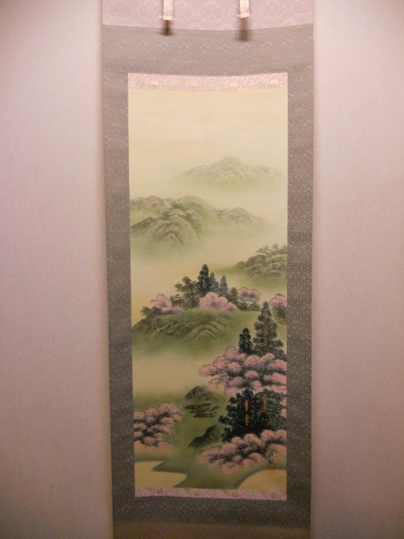 掛け軸 竹内松風 桜花山景 絹本 希少 軸装 茶道具 掛軸 美品 です