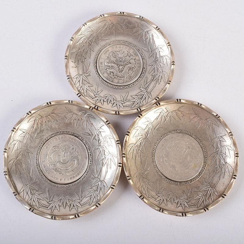 煎茶道具 中華銀幣刻印装飾 龍笹文茶托 五客 壹圓 C R8917