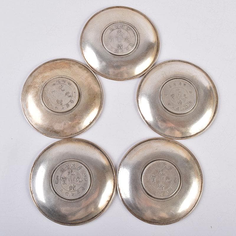 煎茶道具 中華銀幣刻印装飾 龍笹文茶托 五客 壹圓 C R8917