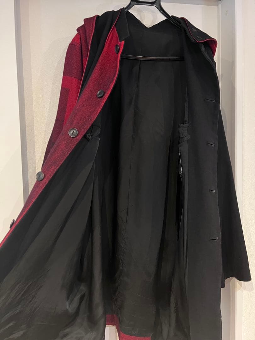 ヨウジヤマモトプールオム 18AW 赤フラノストールフード付ドレスコート
