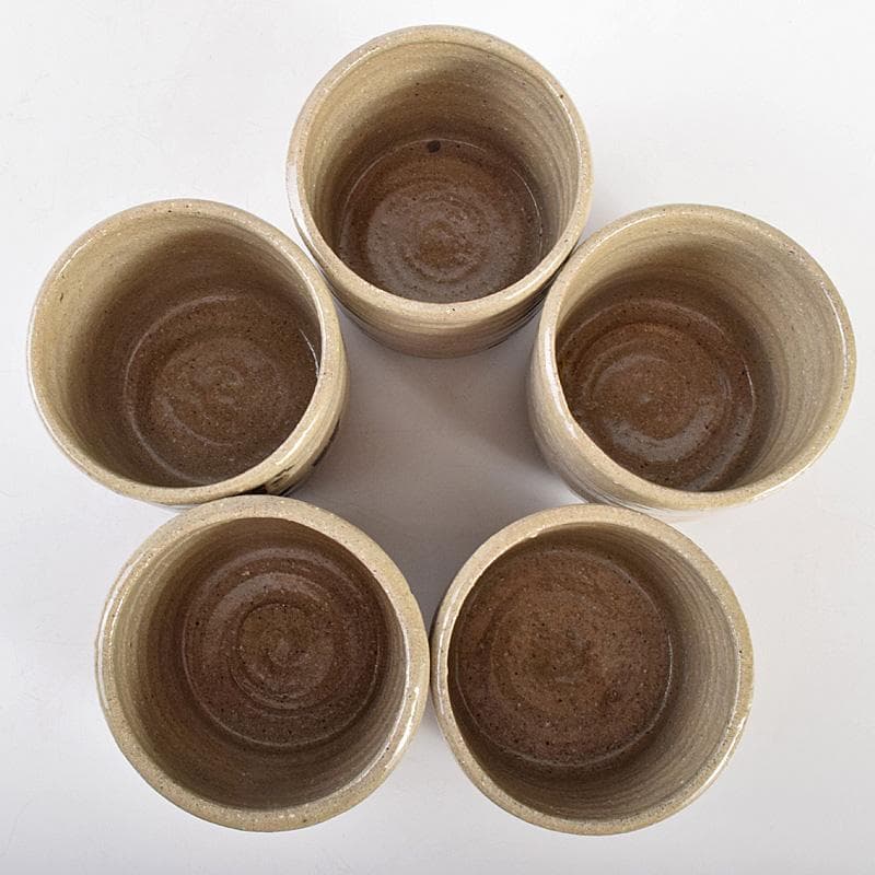 常滑焼　常石窯　中村勝明作　絵唐津写　草文　深向付　五客　共箱　V　R4998B